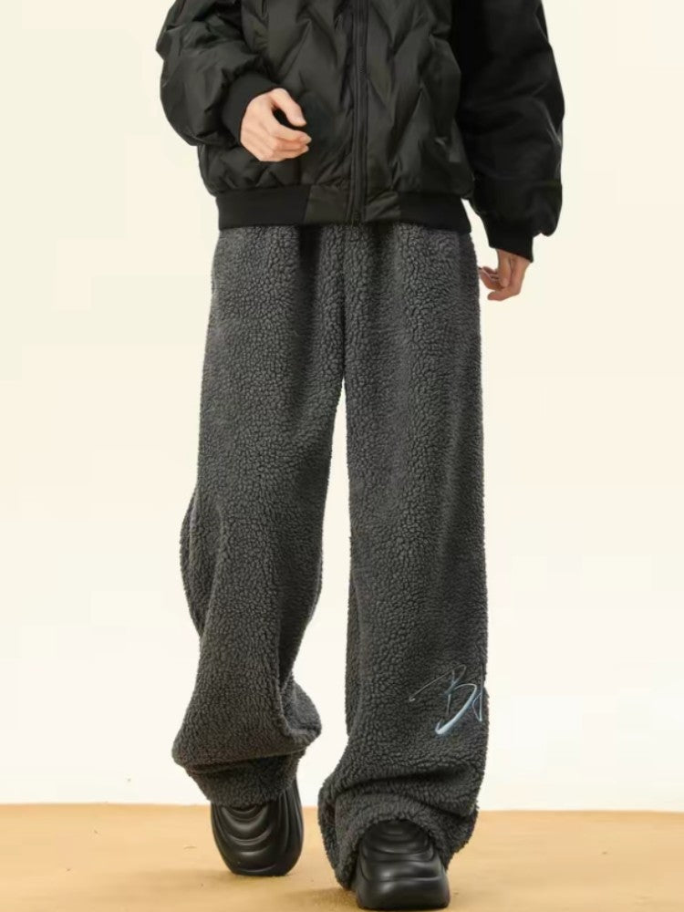 Women's Embroidered Flannel Sweatpants American Lamb Fleece Cotton Thickened Warm Couple Skiing Pants Autumn