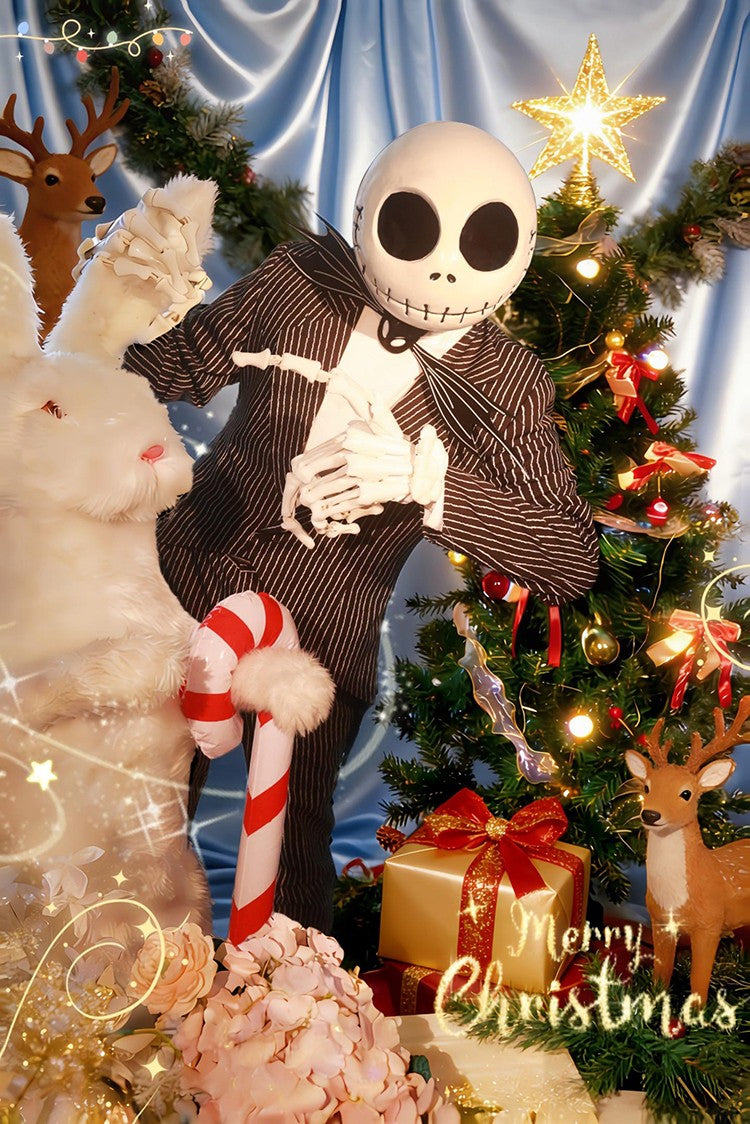 Anime Jack Skelington Black White Striped Cosplay Costume Men Retro Tailcoat Woman Dress Christmas Night Halloween Party Outfit