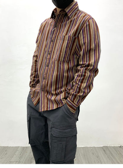Amikaki Ethnic Style Men's Pure Cotton Colorful Stripes Shirt Loose Ancient Cargo Long Sleeved Shirt Jacket With Chest Pocket