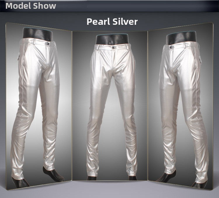Men's Slim Fit Leather Pants Motorcycle Trendy Sle Long Trousers Thiened PU Fabric Summer Season Faionable Biker Pants