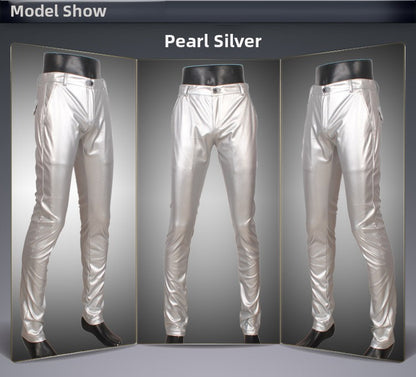 Men's Slim Fit Leather Pants Motorcycle Trendy Sle Long Trousers Thiened PU Fabric Summer Season Faionable Biker Pants