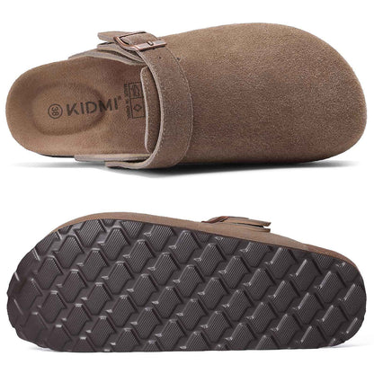 Crestar Women Cow Suede Clogs Cork Footbed Leather Mules Lady Outdoor Comfort Arch Support Potato Shoes With Adjustable Strap