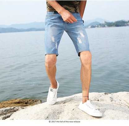 New Summer Men's Personalized Washable Perforated Denim Short Pants Male Casual Straight Short Jeans