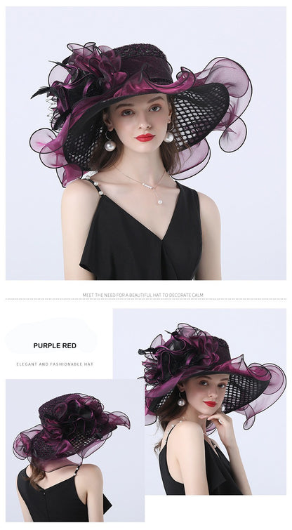 FS Mulheres Organza Vermelha Chapéus Casamento Fascinadores Elegante Grande Aba Larga Fedora Kentucky Derby Chapéus Festa Formal Igreja Chapéu Feminino