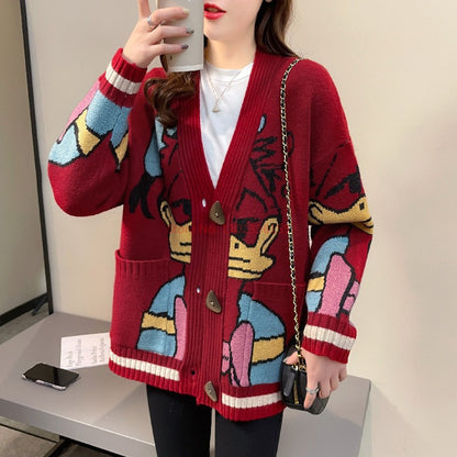 Suéter Disney Pato Donald Anime Desenho Animado Casaco Feminino Outono/inverno Cardigã Solto Suéter de Malha Blusa Presente para Menina