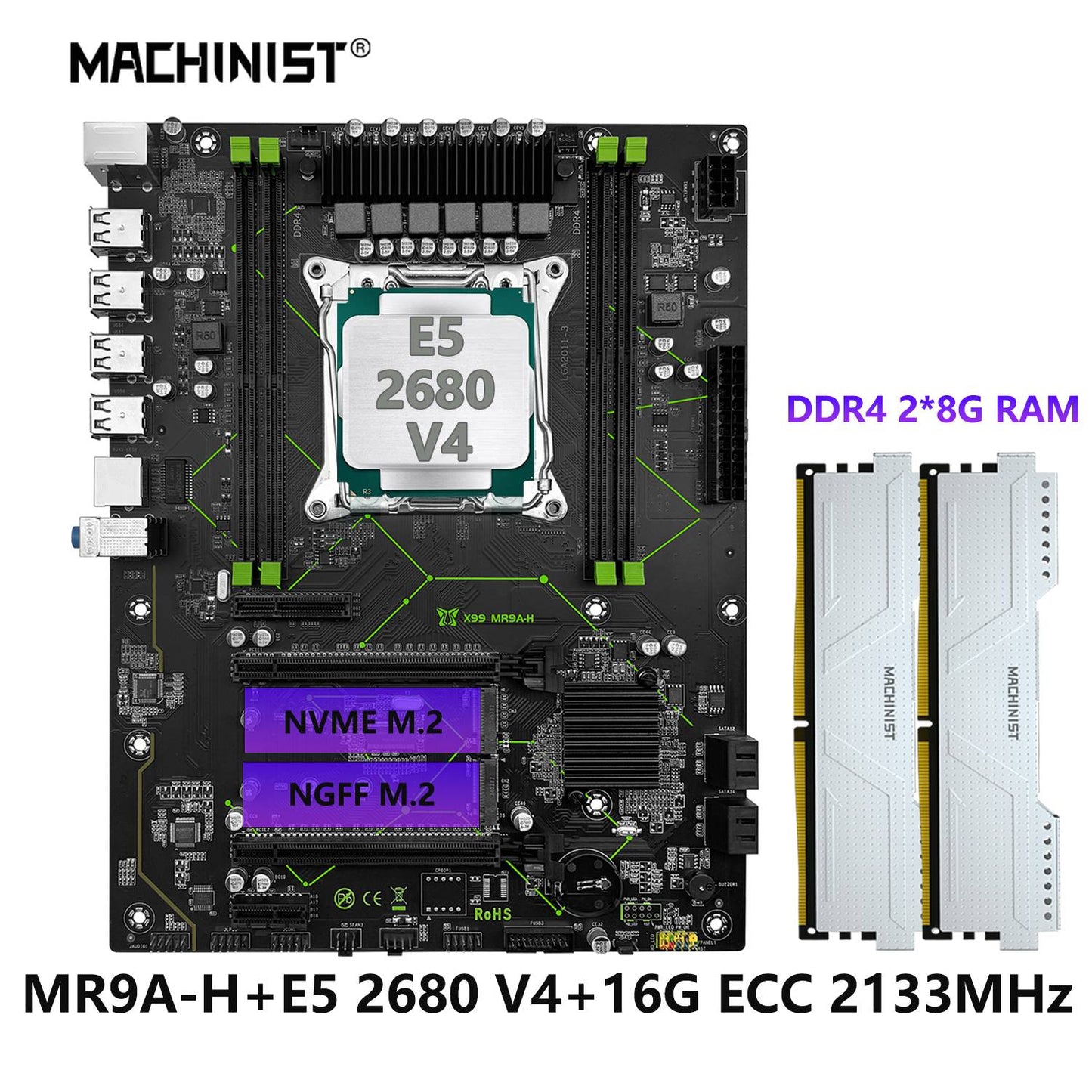 Conjunto de Placa Mãe MACHINIST X99 MR9A-H LGA 2011-3 Processador CPU Xeon E5 2680 V4 + Kit de Memória RAM DDR4 2*8G=16GB 2133MHz ATX USB3.0