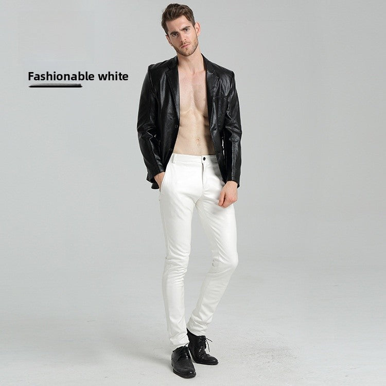Men's Slim Fit Leather Pants Motorcycle Trendy Sle Long Trousers Thiened PU Fabric Summer Season Faionable Biker Pants