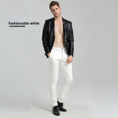 Men's Slim Fit Leather Pants Motorcycle Trendy Sle Long Trousers Thiened PU Fabric Summer Season Faionable Biker Pants