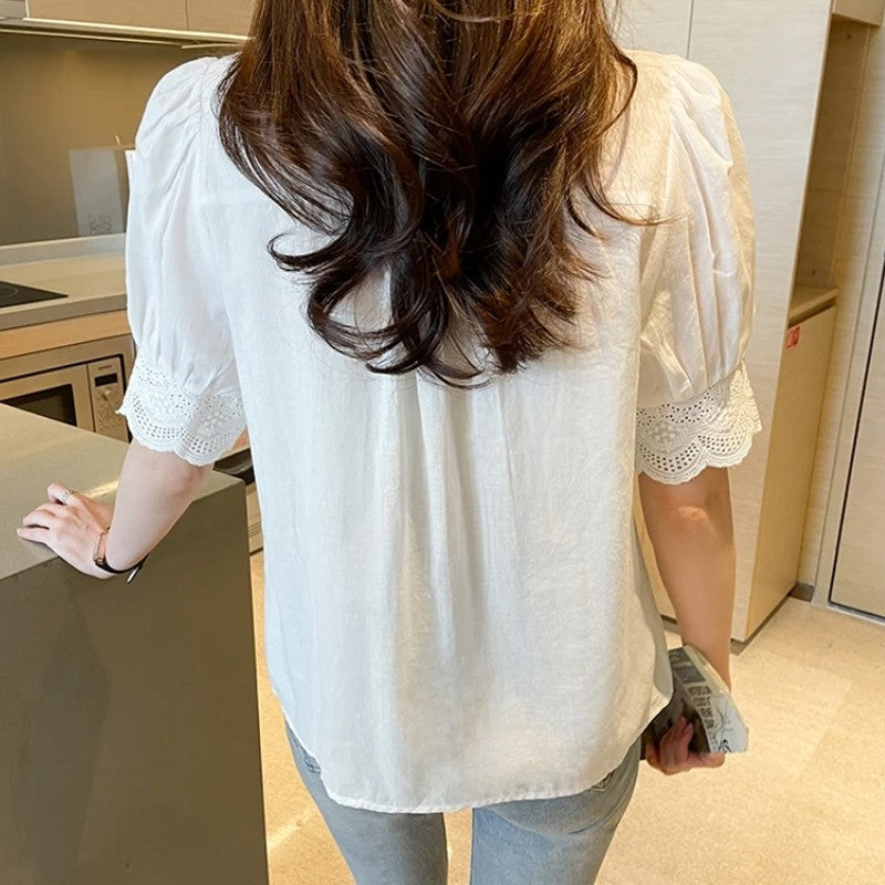 Summer Lace Embroidery Woman Blouse Fashion Hollow Out Stylish Elegant White Shirts Vintage Casual Half Sleeve Tops Blusas 13102