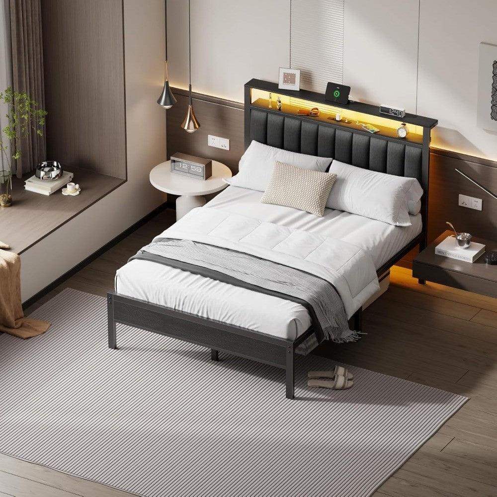 Queen Size Bed Frame with Charging Station and LED Lights, Platform Bed with Metal Slats, Grey Upholstered Headboard wi