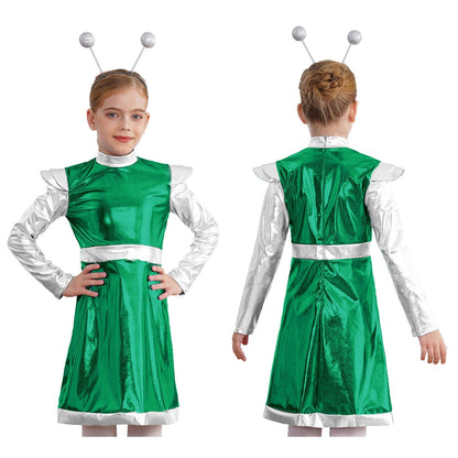Kids Alien Cosplay Costume Outfits Boys Girls Metallic Shiny Alien Jumpsuit Halloween Full Length Bodysuit with Hair Hoop Suit