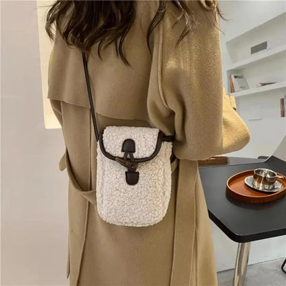 1 Pcs Women's Retro Lamb Fleece Bag Color Blocking Minimalist Mobile Phone Bag Single Shoulder Crossbody Small Bag
