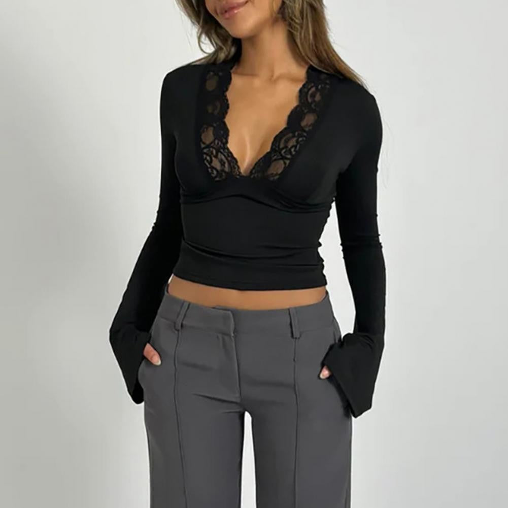 Women's Blouses Sexy Lace Deep V Neck Long Bell Sleeves Top Slim Fit Low Cut Sheer Mesh Shirt For Spring Fall Women's Clothing