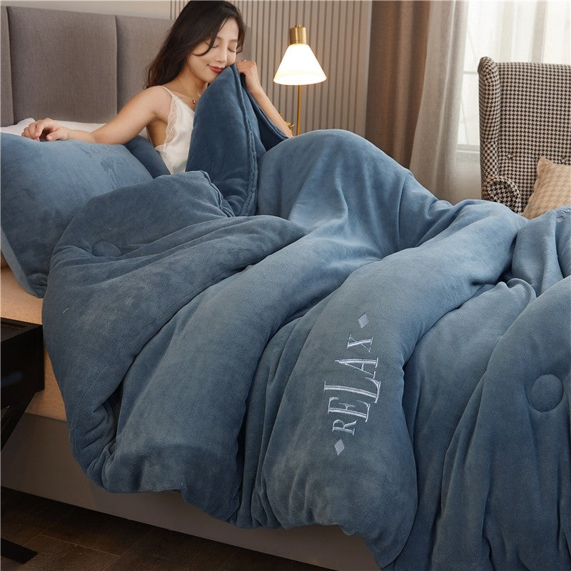 Double Sided Milk Velvet Winter Comforter Thickened Warm Double Layer Flannel King Size Quilts for Bed Solid Soft Plush Duvets