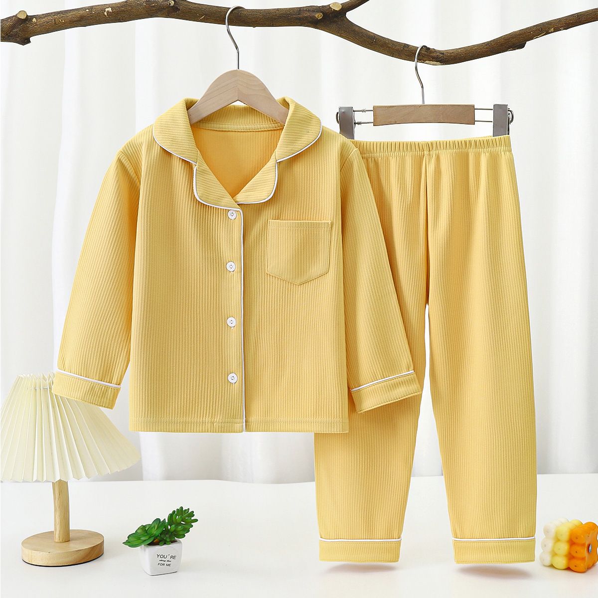 New Autumn Winter Kids Thermal Pajamas Set, Boys and Girls Fleece Long Sleeve Lapel Home Wear Two-Piece Outfit