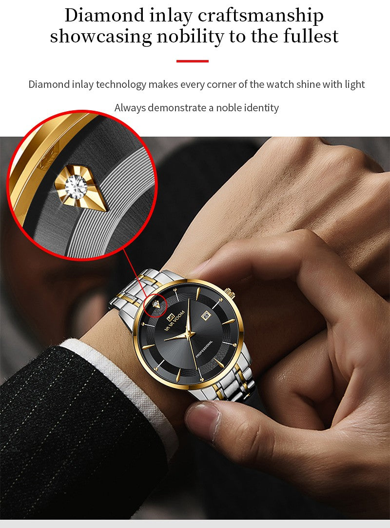 2024 New Men Watch Stainless Steel Business Style Luxury Rhinestone 43mm Blue Gold Quartz Movement Wristwatch Relogios Masculino