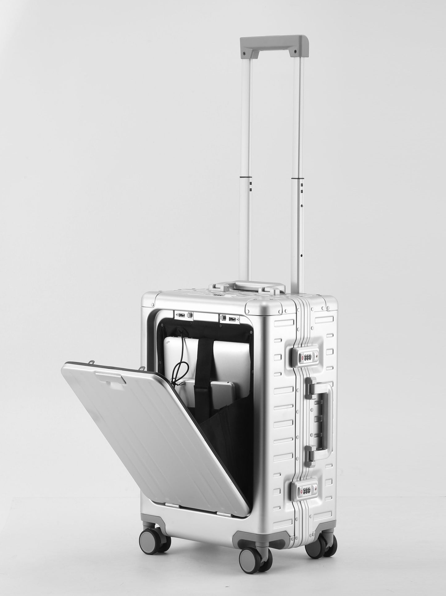 All Aluminum-magnesium Suitcase Front Opening Rolling Luggage with USB Charging Plug TSA Lock Trolley Case 20" Boarding Travel