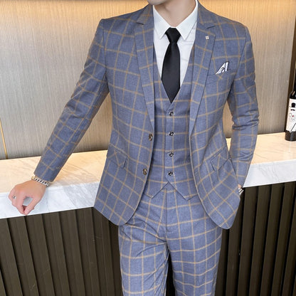 Suit (blazer+vest+pants) Man Fashion Business British Grid Trend Style Casual Hosting Slim Wedding Work Conjunto Hombre