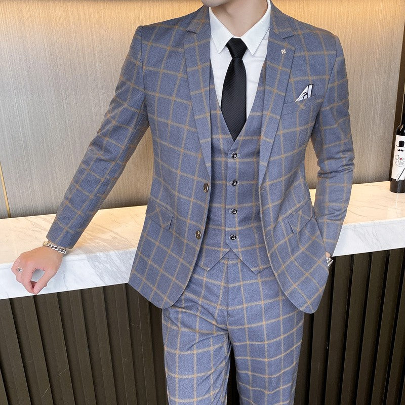 Suit (blazer+vest+pants) Man Fashion Business British Grid Trend Style Casual Hosting Slim Wedding Work Conjunto Hombre