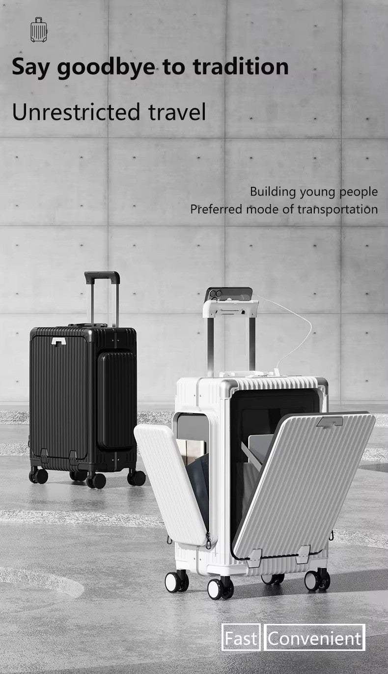 Tri-Zone Access Opening Suitcase Aluminum Frame PC Material Travel Case with Spinner Wheels Cup Holder TSA Lock Rolling Luggage