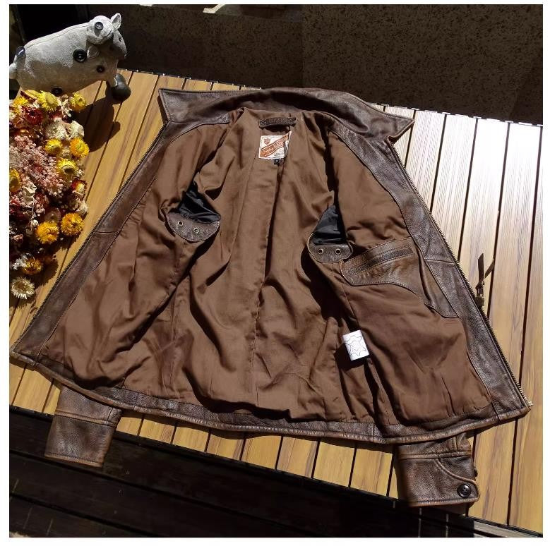 YR!Wholesales.Retro 1930 quality natural cowhide jacket.Vintage brown genuine leather coat.Slim fit.Classic Rider leather cloth