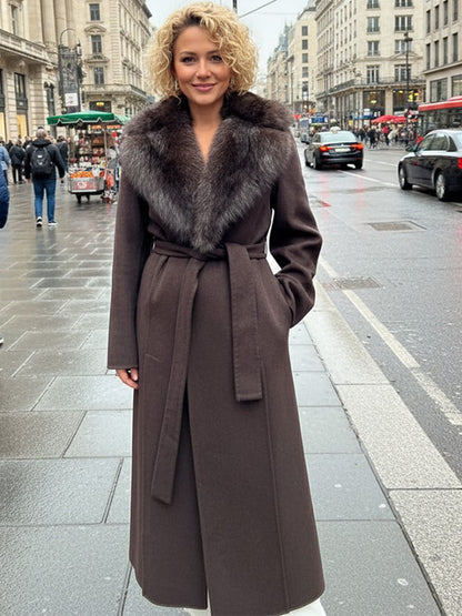 Solid Fur Collar Woolen Maxi Coat Women Fashion Lapel Full Sleeve Lace Up Pocket Loose Long Jacket Lady Autumn Daily Street Wear