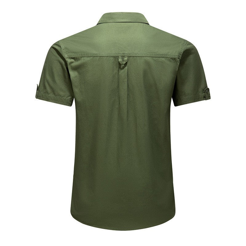 2025 New Summer Army Green Fashion Versatile Men's Casual Shirt, Khaki Slim Short-sleeved Breathable Cotton Cargo Shirts for Men