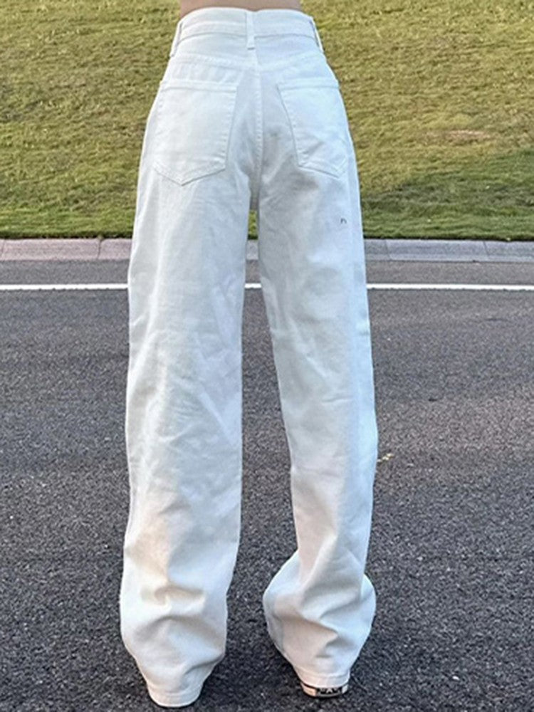 Woman High Waist Wide Leg Jeans Girls Casual Denim Straight Leg Pants Female White Black Blue Light Blue Beige Loose Trousers