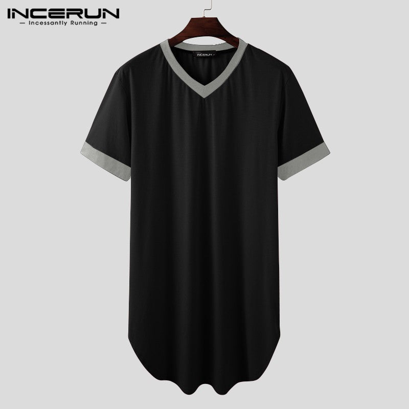 INCERUN 2024 Men Sleep Robes Short Sleeve V Neck Nightgown Patchwork Cozy Homewear Fashion Loose Mens Bathrobes Dressing Gown