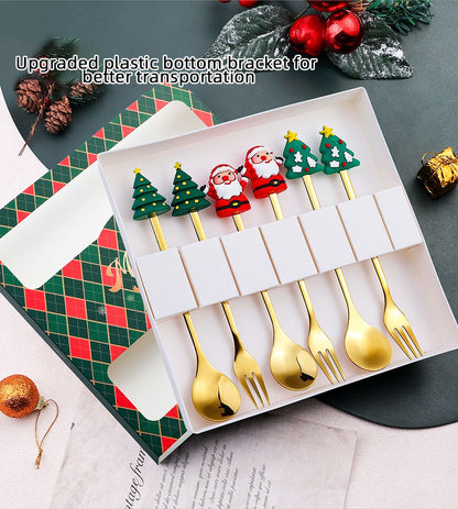 Christmas Themed Cutlery Gift Set 2/4/6pcs Stainless Steel Forks Spoons for Dessert, Creative Holiday Tableware Coffee Tea Party