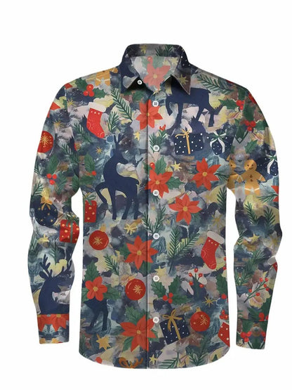 Christmas themed men's 3D hat printed formal shirt, Christmas pattern long sleeved shirt, fashionable men's shirt