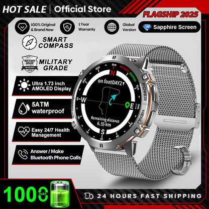 2026 Novo Smartwatch Esportivo Militar com GPS Atualizado Bateria de 1000mAh Tela AMOLED de 1,7 polegadas Bússola Altímetro Chamada Relógio Esportivo Impermeável 10ATM