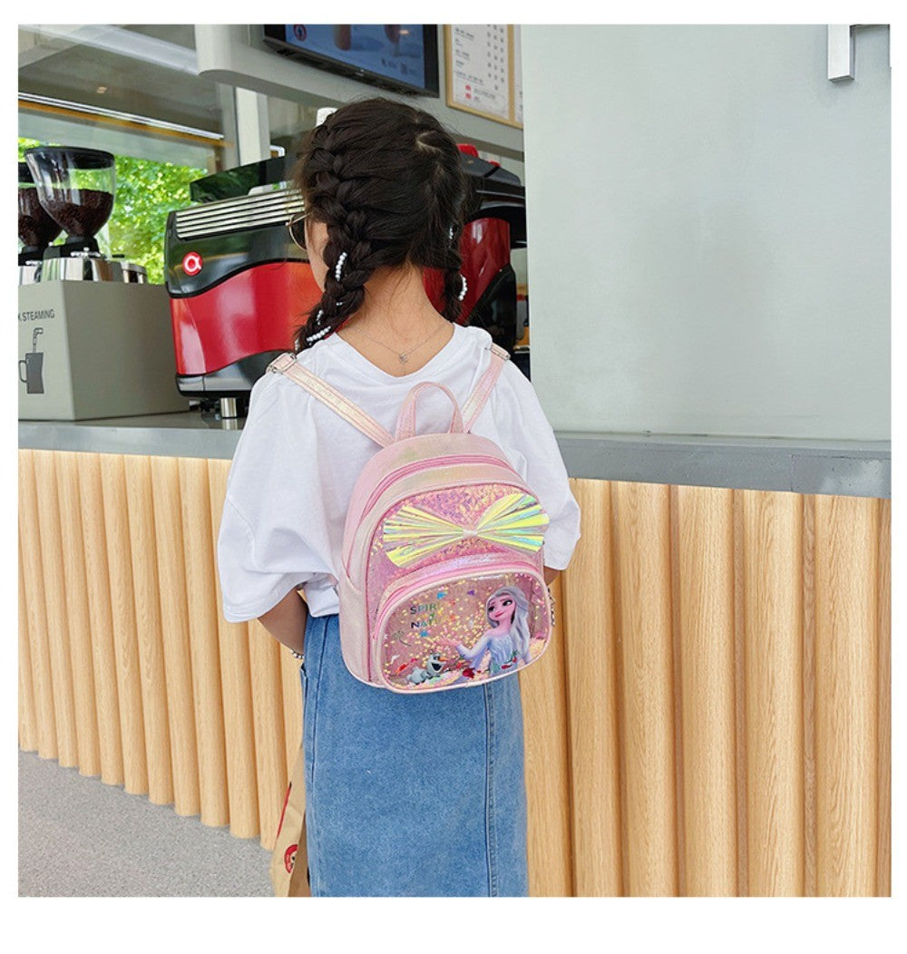 Mochila Mini de Glitter Princesa Elsa de Frozen da Disney, Linda com Laço de Lantejoulas, Bolsa Escolar de Jardim de Infância para Meninas, Desenho Animado Infantil, Mochila de Ombro Duplo