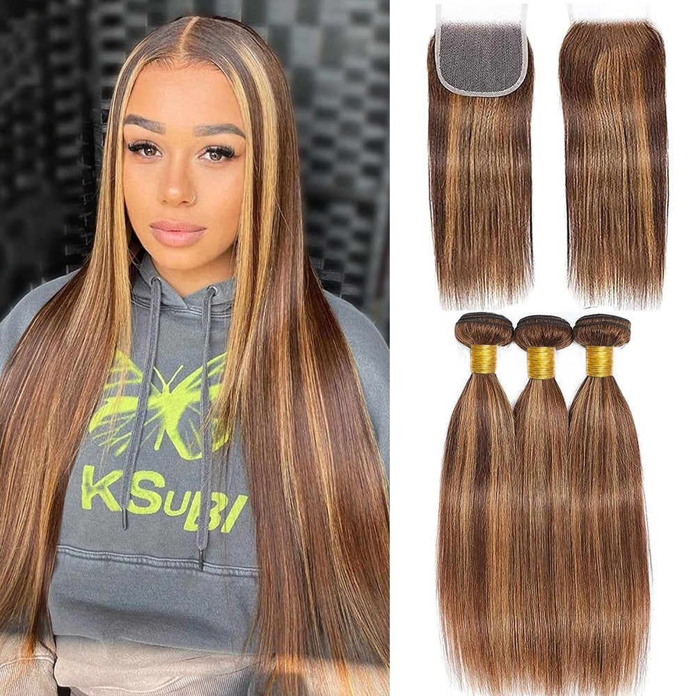 destaque 12A Pacotes de Cabelo Humano Liso com Fechamento Loiro Mel Pacotes de Cabelo Humano 100% Virgem Cru Birmanês
