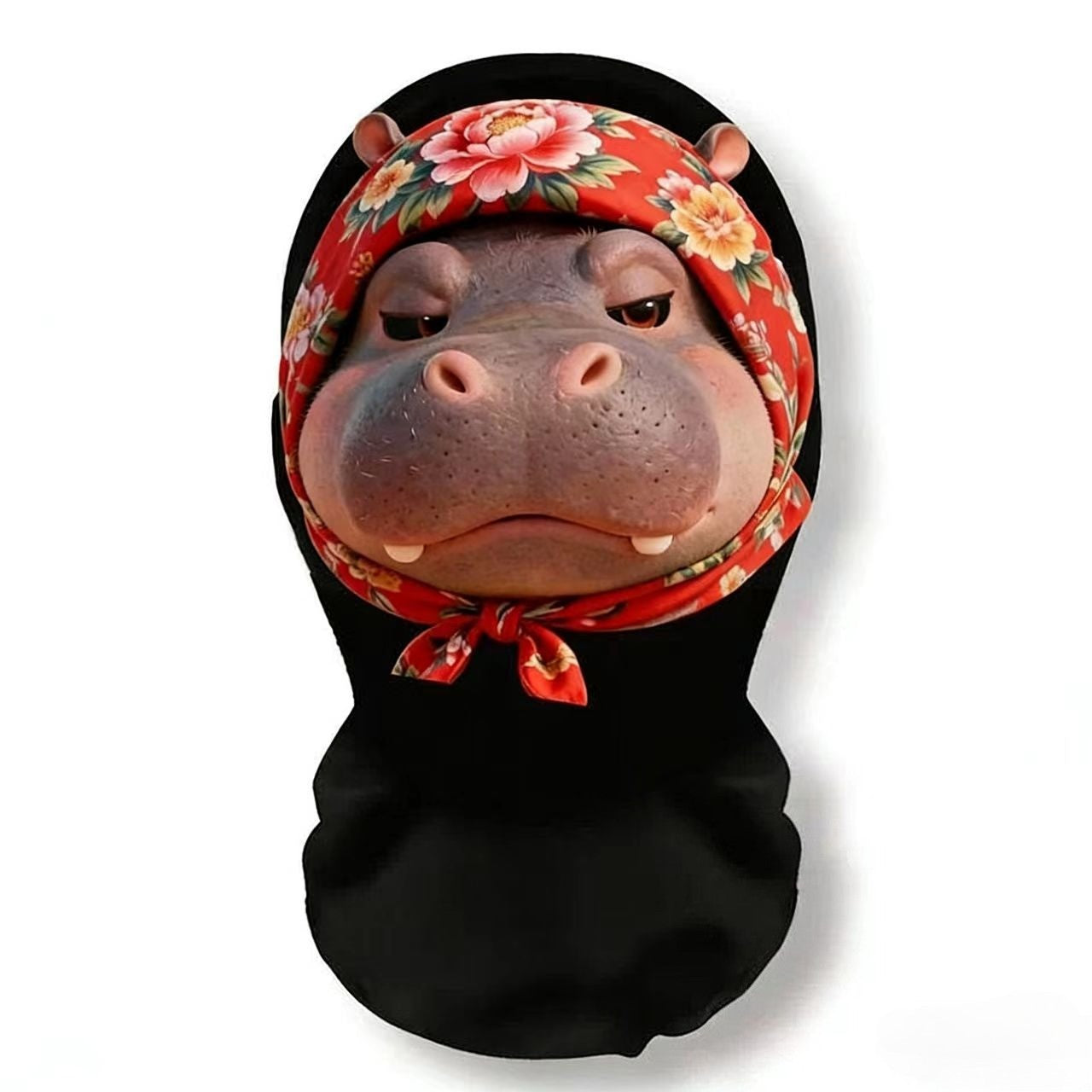 A realistic mesh headwear with hippopotamus emojis, a breathable party mask, and essential equipment for cycling out