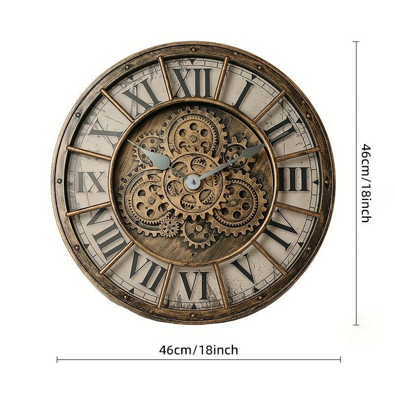 46cm Real Moving Gears Wall Clock Large Industrial Steam Punk Roman Numeral Wall Clock Living Room Home Decoration Quartz Clock