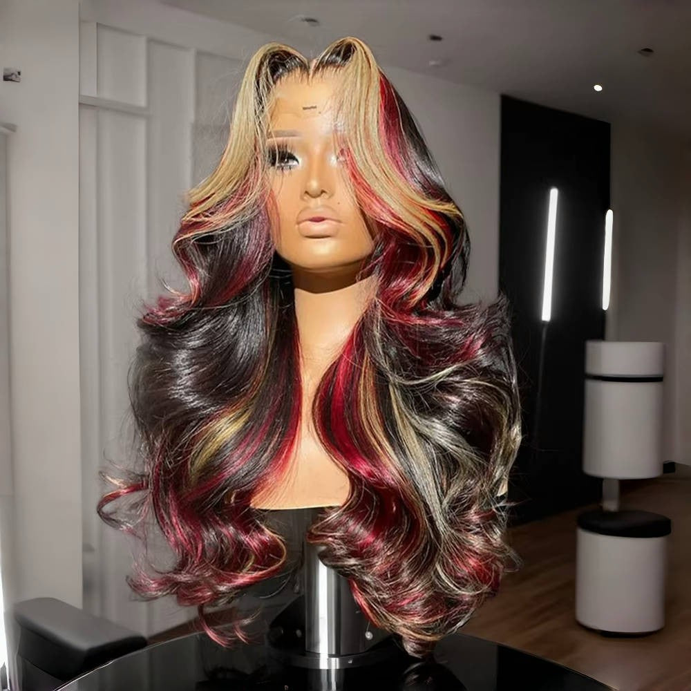 Peruca frontal de renda 13X6 preta com destaque loiro vermelho peruca sintética 13x4 pré-selecionada com linha do cabelo peruca frontal de renda feminina