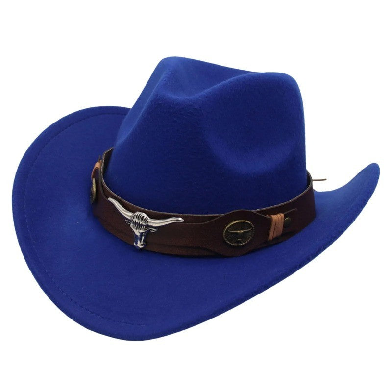 New Felt Western Cowboy Hat Ox Head Accessories Ethnic Style Roll Brim Cowgirl Cap with Cow Band Soft Jazz Fedora Hats Men