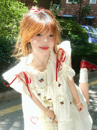 Snow White Babydoll Dress Flutter Sleeve Cherry Embroidery Women Summer Lolita Fashion Sweetheart Aesthetic Petite Fit