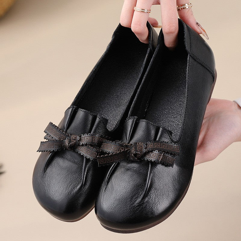 Vintage Plain Oxfords Shoes Women's Genuine Leather Flats Ladies Laced Up Moccasins Elderly Woman Square Toe Driving Loaferss