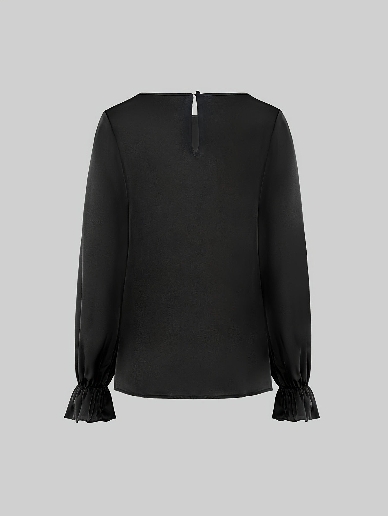 Women's Black Crew Neck Long Sleeve Blouse with Ruffled Cuffs - Casual Elegant Outfit