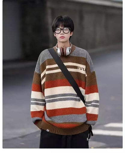 Simple Versatile Trendy Men's Crew Neck Sweater Contrasting Stripes Casual Loose Neutral Style Pullover