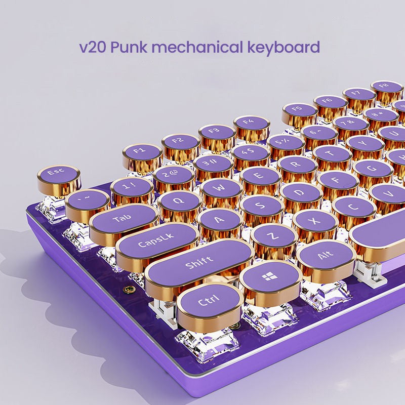 EWEADN V20 Punk Typewriter Teclado Mecânico para Jogos, 104 Teclas Redondas com Retroiluminação LED Branca, Design de Cabo Removível