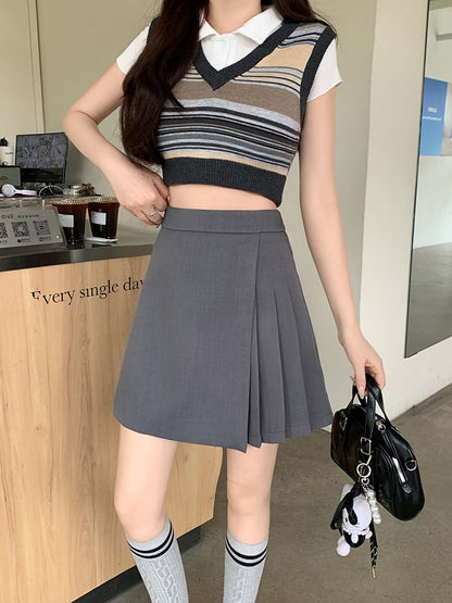 L-4XL Plus Size Skirt Women Spring Summer 2025 New Korean Fashion High Waist Pleated A Line Skirt Women Black Or Gray Mini Skirt