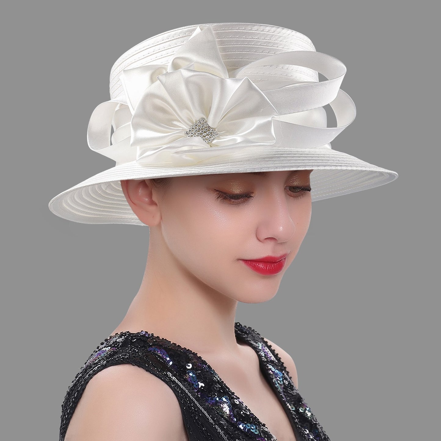 Deluxe New White Church Hat Party Banquet Satin Cloth Photography Hats Premium Chains Formal Hat Flower Top Cap For Women Ladies
