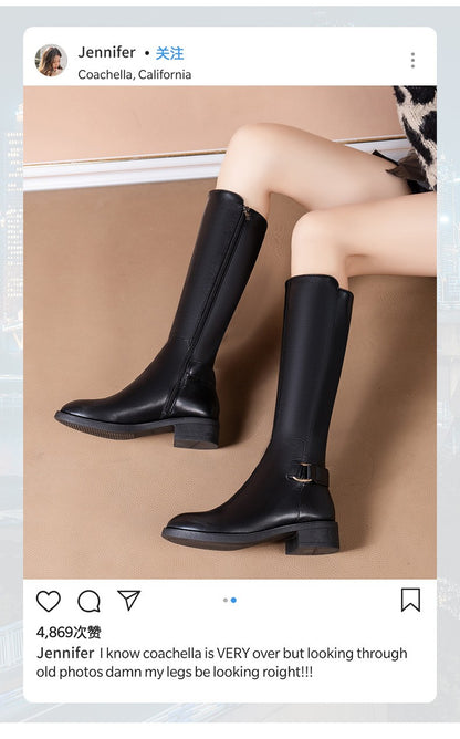 Black Pu Leather Knee Boots for Women Shoes Metal Buckle Decoration New Fashion Outdoor Long Botas Ladies Footwear Size 34-41