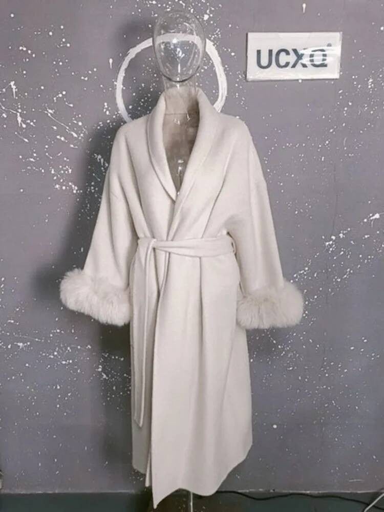 UCXQ Casaco Feminino Elegante OL para Escritório com Retalhos de Pelo Manga Comprida Lã Jaqueta de Roupa Feminina Bonita Outono Inverno 2025