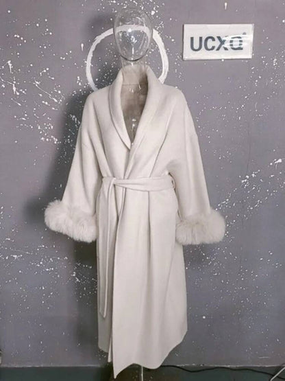 UCXQ Casaco Feminino Elegante OL para Escritório com Retalhos de Pelo Manga Comprida Lã Jaqueta de Roupa Feminina Bonita Outono Inverno 2025