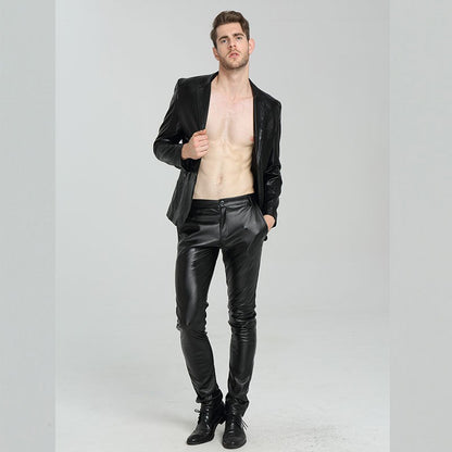 Men's Slim Fit Leather Pants Motorcycle Trendy Sle Long Trousers Thiened PU Fabric Summer Season Faionable Biker Pants
