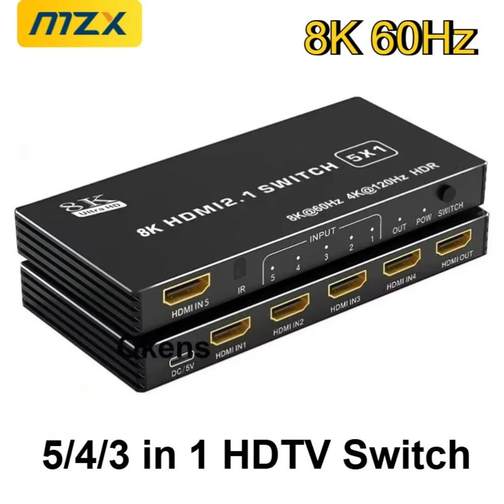 MZX 8K KVM Switch HDMl2.1 Switcher Video 8K@60Hz 4K@120Hz 48Gbps HDR10 Selector Video Converter 5/4/3 in 1 Out for PS5 Xbox PC